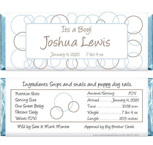 BAB247 - Baby Boy Circles Candy Bar Wrappers Baby Boy Circles Candy Bar Wrappers Birth Announcement BAB247