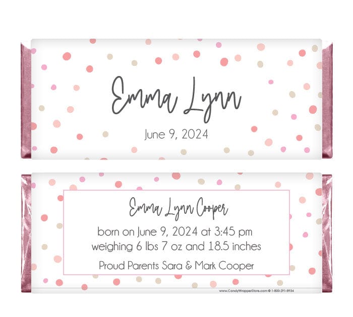 Baby Girl Scattered Dots Candy Bar Wrappers - BAG444 Baby Girl Scattered Dots Birth Announcement Personalized Candy Bar Wrappers Birth Announcement BAG444