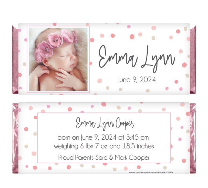 Baby Girl Scattered Dots Photo Candy Bar Wrappers - BAG444photo Baby Girl Scattered Dots Photo Birth Announcement Personalized Candy Bar Wrappers Birth Announcement BAG444