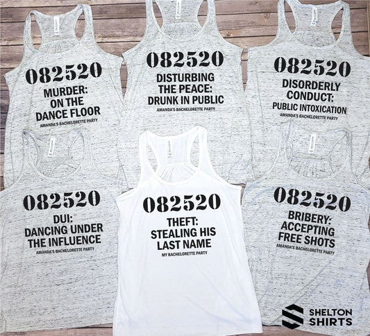 Bachelorette Mugshot Lineup with Crimes Funny Custom Party Ruched Racerback Tank Tops Shirts & Tops Shelton Shirts