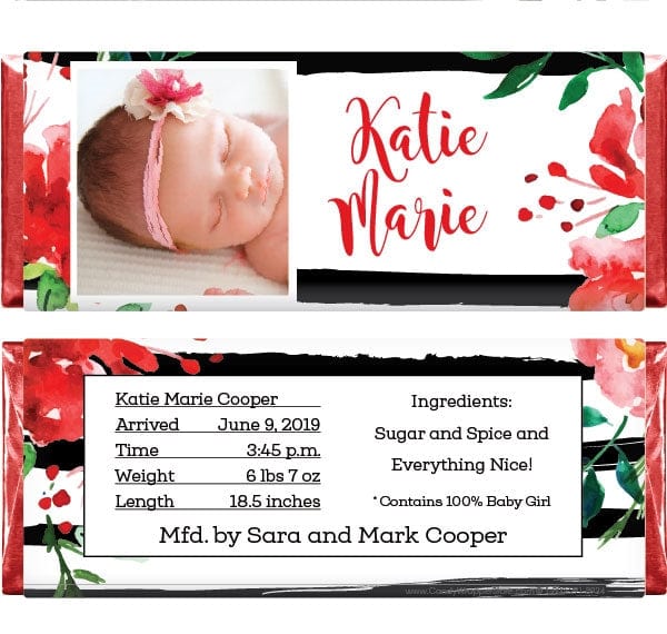 BAG200 - Red Poppy Watercolor Birth Announcement Candy Bar Wrappers Red Poppy Watercolor Birth Announcement Candy Bar Wrappers Birth Announcement BAG200