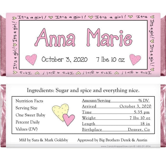 BAG201 - It's a Girl Pink Border Candy Bar Wrappers It's a Girl Pink Border Birth Announcement 1.55 oz Hersheys Candy Bar Wrappers Birth Announcement BAG201