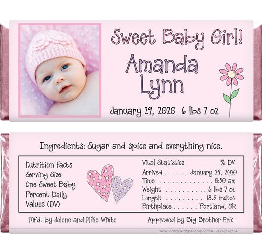 BAG203photo - Sweet Baby Girl Photo Candy Bar Wrappers Baby Girl Photo Candy Bar Wrappers Birth Announcement bag203