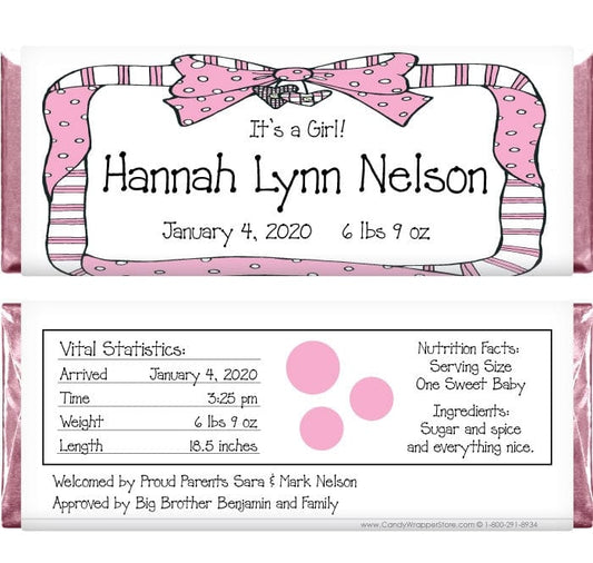 BAG206 - Baby Girl Ribbon Border Candy Bar Wrappers Baby Girl Ribbon Border Candy Bar Wrappers Birth Announcement BAG206