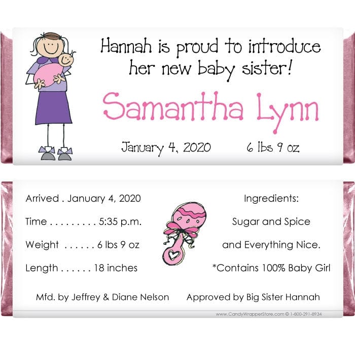 BAG210 - Baby Girl with big sister Candy Bar Wrappers Big Sister announcing her Baby Sister Birth Announcement 1.55 oz Hersheys Candy Bar Wrappers Birth Announcement BAG210