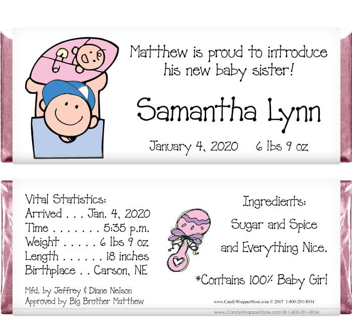 BAG217 - Baby Girl with big brother Candy Bar Wrapper Baby Girl with big brother Candy Bar Wrappers Birth Announcement BAG217