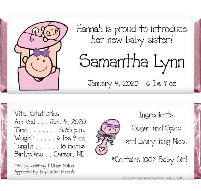 BAG218 - Baby Girl with big sister Candy Bar Wrappers Baby Girl with big sister Candy Bar Wrappers Birth Announcement BAG218