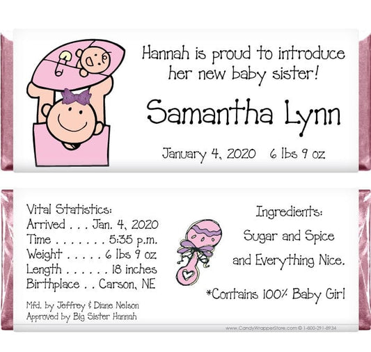 BAG218 - Baby Girl with big sister Candy Bar Wrappers Baby Girl with big sister Candy Bar Wrappers Birth Announcement BAG218