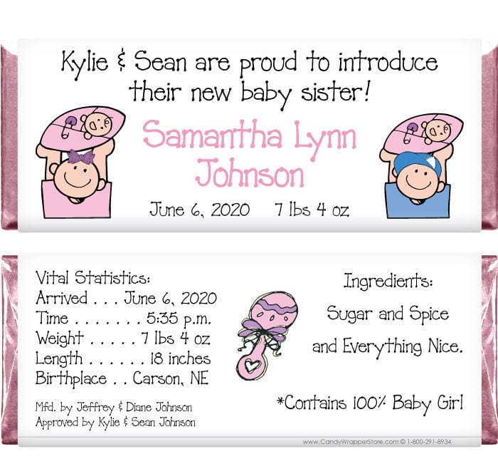 BAG220 - Baby Girl big brother sister Candy Bar Wrappers Baby Girl with big brother and big sister Candy Bar Wrapper Birth Announcement BAG220