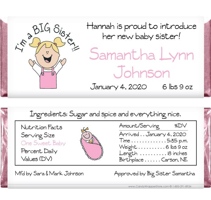 BAG223 - Baby Girl Big Sister Candy Bar Wrappers Baby Girl Big Sister Candy Bar Wrappers Birth Announcement BAG223