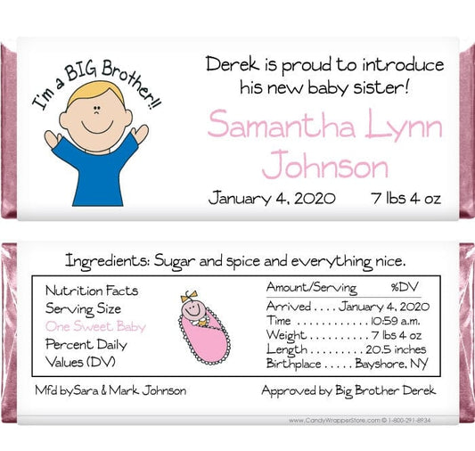 BAG224 - Big Brother Baby Sister Candy Bar Wrappers Big brother announces baby sister candy bar wrapper birth announcement Birth Announcement BAG224