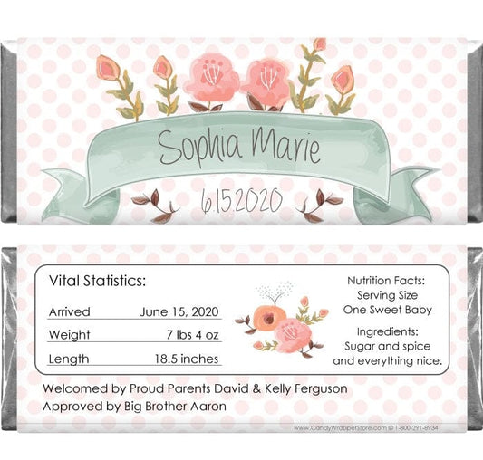 BAG225 - Watercolor Floral Birth Announcement Candy Bar Wrappers Watercolor Floral Birth Announcement Candy Bar Wrappers Birth Announcement BAG225