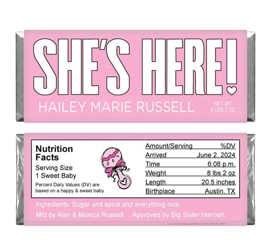 BAG226 - Baby Girl "She's Here" Candy Bar Wrappers Baby Girl Shes Here Candy Bar Wrappers Birth Announcement BAG226
