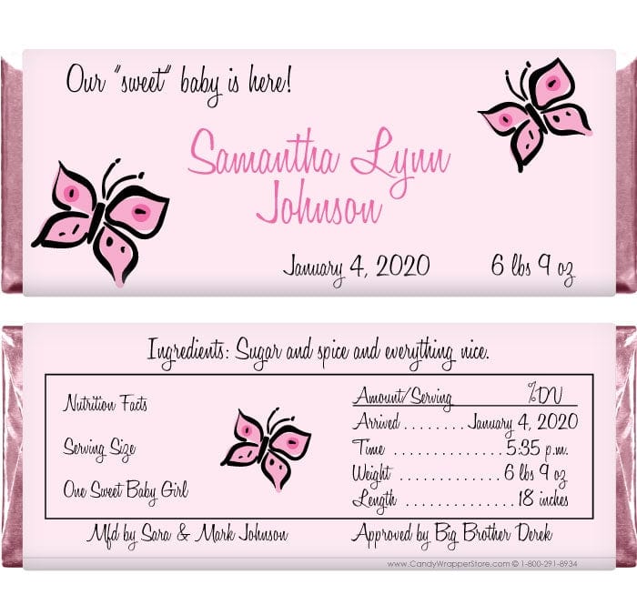 BAG231 - Baby Girl Butterfly Candy Bar Wrappers Baby Girl Butterfly Candy Bar Wrappers Birth Announcement BAG231