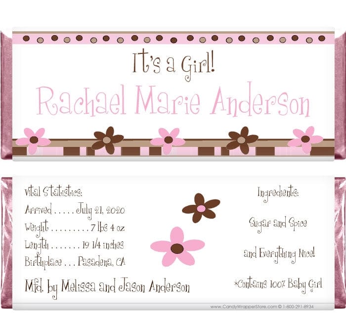 BAG236 - Baby Girl Whimsy Flower Pink and Brown Wrappers Baby Girl Whimsy Flower Pink and Brown Wrappers Birth Announcement BAG236