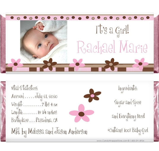 BAG236photo - Baby Girl Pink and Brown Photo Candy Bar Wrappers Baby Girl Pink and Brown Photo Candy Bar Wrappers Birth Announcement BAG236