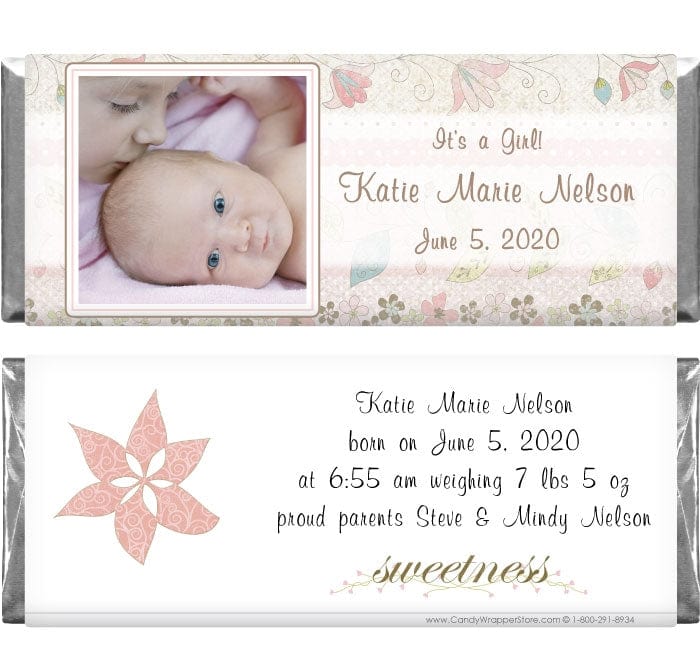 BAG237photo - Photo Baby Girl Dainty Flowers Candy Bar Wrappers Photo Baby Girl Dainty Flowers Candy Bar Wrappers Birth Announcement BAG237