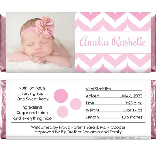BAG258photo - Baby Girl Wavy Chevron Photo Candy Bar Wrappers Baby Girl Wavy Chevron Photo Candy Bar Wrappers Birth Announcement BAG258