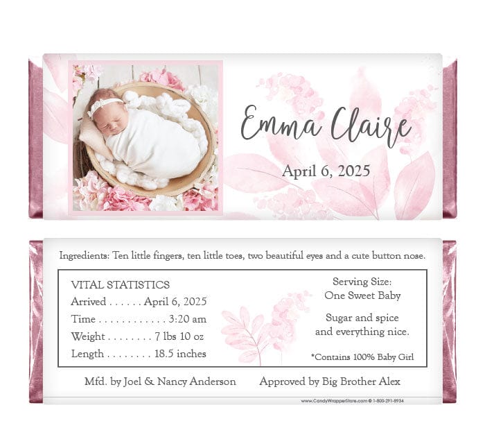 Watercolor Pink Leaves Baby Girl Photo Candy Bar Wrappers -BAG421photo Watercolor Pink Leaves Baby Girl Photo Candy Bar Wrappers Birth Announcement BAG421