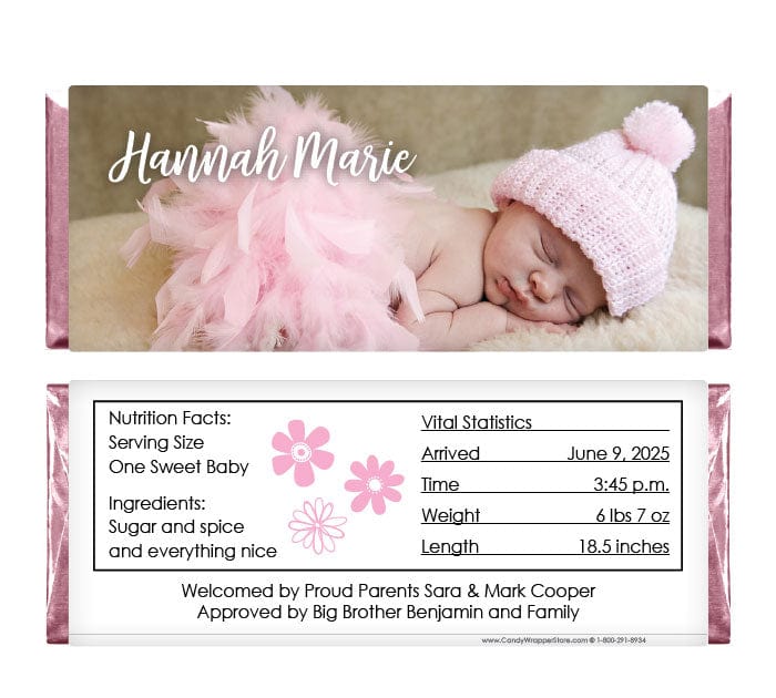 Baby Girl Full Photo Candy Bar Wrappers - BAG425photo Baby Girl Full Photo Candy Bar Wrappers Birth Announcement BAG425