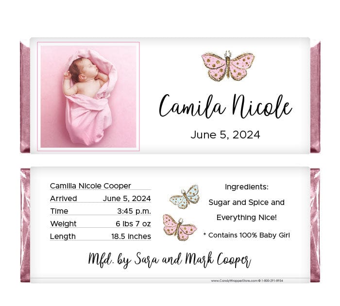 BAG433 - Baby Girl Photo Butterfly Candy Bar Wrappers Baby Girl Photo Butterfly Candy Bar Wrappers Birth Announcement BAG433