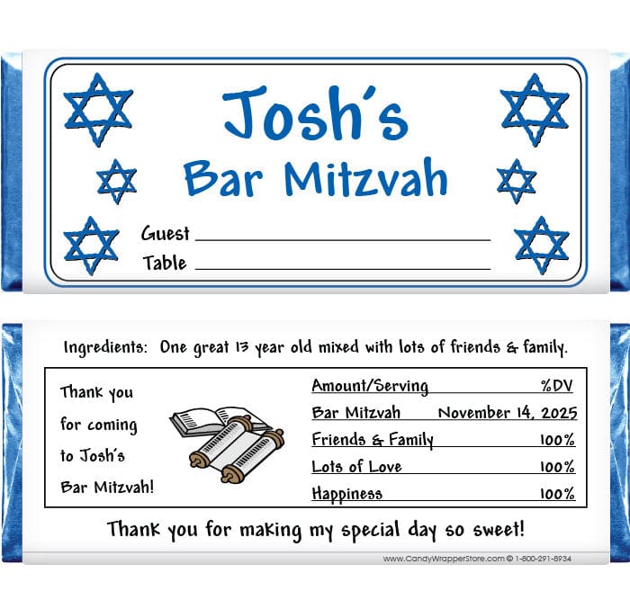 BAR201 - Bar Mitzvah Placecard Candy Bar Wrapper Bar Mitzvah Placecard Candy Bar Wrapper Candy Wrappers BAR201