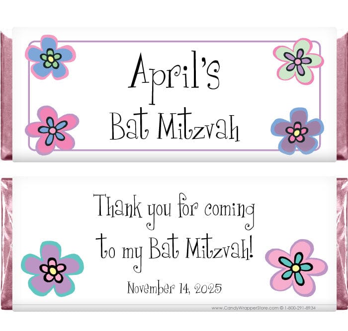 BAT203 - Four Flowers Bat Mitzvah Whimsy Flowers Candy Wrapper Four Flowers Bat Mitzvah Whimsy Flowers Candy Wrapper Candy Wrappers BAT203