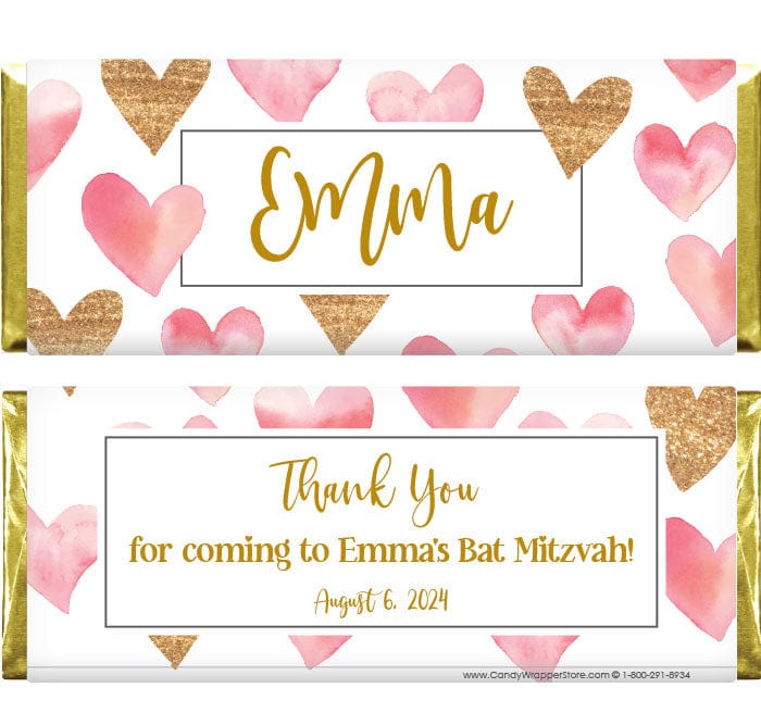BAT222 - Pink and Gold Glitter Watercolor Hearts Bat Mitzvah Candy Bar Wrapper Pink and Gold Glitter Watercolor Hearts Bat Mitzvah Candy Bar Wrapper Candy Wrappers BAT222
