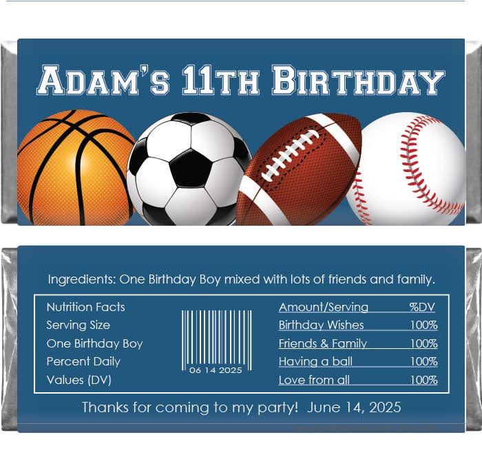 BD228 - Sports Birthday Candy Bar Wrappers Sports Birthday Candy Bar Wrappers Candy Wrappers BD228