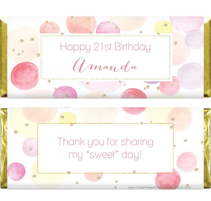 BD391 - Watercolor Dots and Glitter Birthday Candy Bar Wrappers Watercolor Dots and Glitter Birthday Candy Bar Wrappers Candy Wrappers BD391