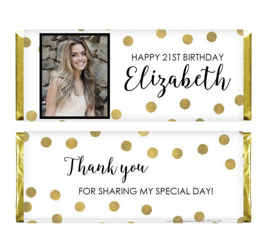BD463photo - Golden Scatter Dots Photo Birthday Candy Bar Wrappers Golden Scatter Dots Photo Birthday Candy Bar Wrappers Candy Wrappers BD463