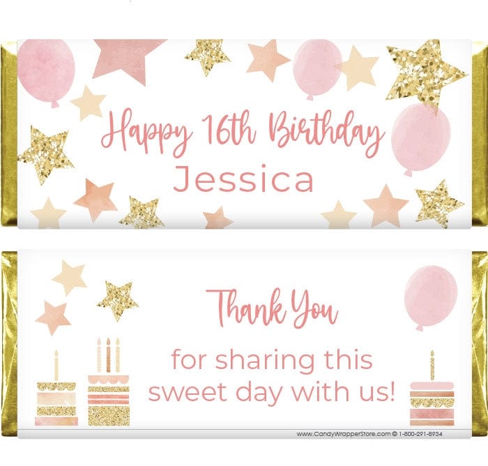BD481 - Gold & Rose Gold Stars Birthday Candy Bar Wrapper Gold & Rose Gold Stars Birthday Candy Bar Wrapper Candy Wrappers BD481