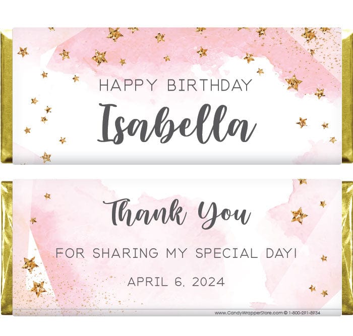 BD484 - Pink Watercolor and Gold Glitter Stars Birthday Candy Bar Wrapper Pink Watercolor and Gold Stars Birthday Candy Bar Wrapper Candy Wrappers BD484