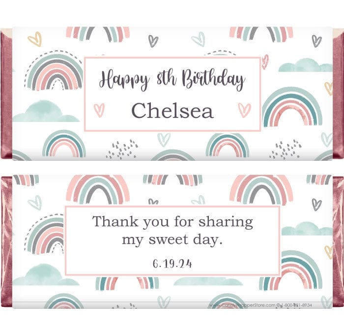 BD485 - Cute Rainbows in Rose Gold Birthday Candy Bar Wrapper Cute Rainbows in Rose Gold Birthday Candy Bar Wrapper Candy Wrappers BD485