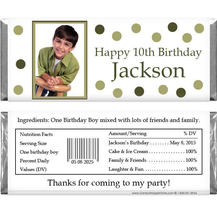 BD486 - Photo Birthday Green Dots Candy Bar Wrappers Photo Birthday Green Dots Candy Bar Wrappers Candy Wrappers BD486