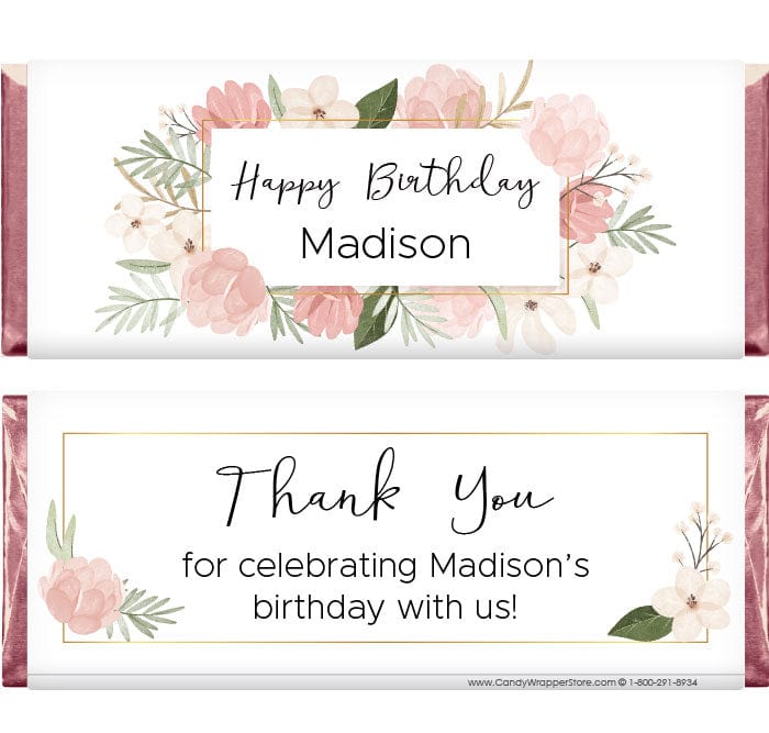 BD494 - Blush Pink Floral Birthday Candy Bar Wrappers Blush Pink Floral Birthday Candy Bar Wrappers Candy Wrappers BD494