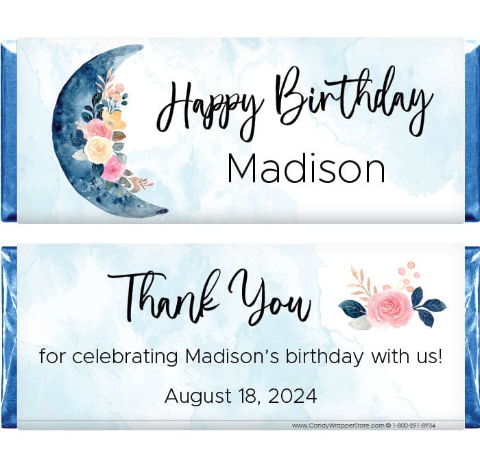 Blue Crescent Moon Floral Birthday Candy Bar Wrappers Regular Size Wrapper BD495