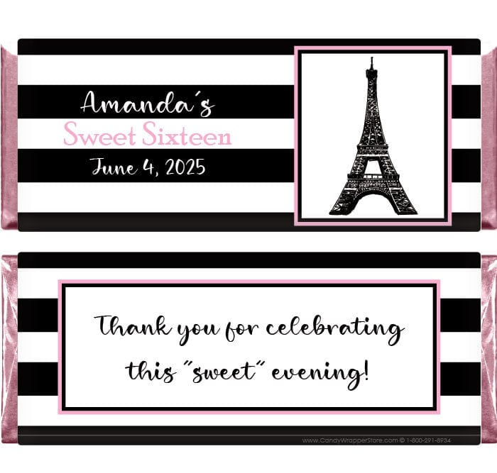 BD504 - Paris Pink and Black Stripes Birthday Candy Bar Wrapper Watercolor Paris Skyline Birthday Candy Bar Wrapper Candy Wrappers BD504