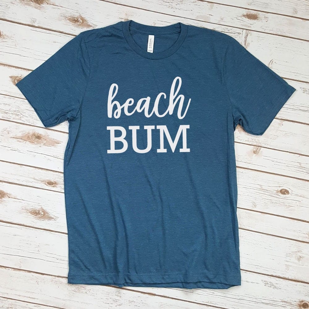 Beach Bum Script Word Font on Super Soft Heather Deep Teal Cotton Comfy T-Shirt Candy Wrapper Store