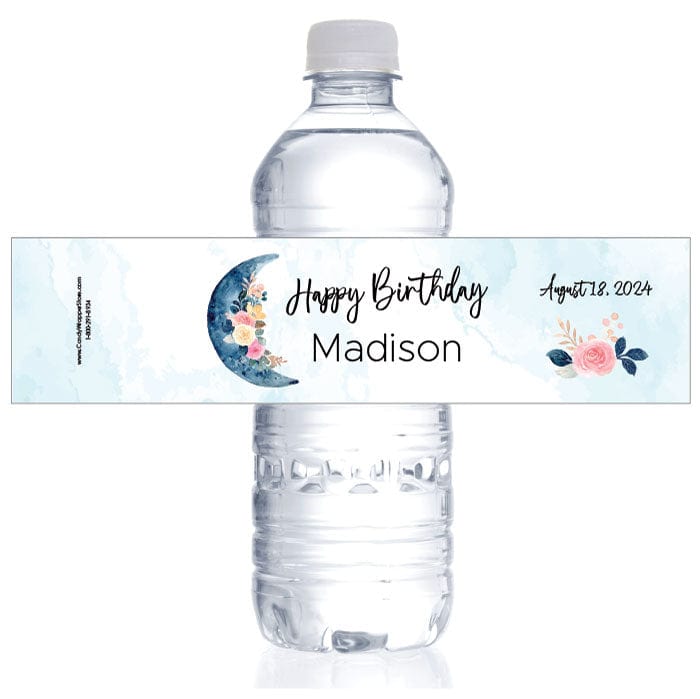 Blue Crescent Moon Floral Birthday Water Bottle Labels Party Favors bd495