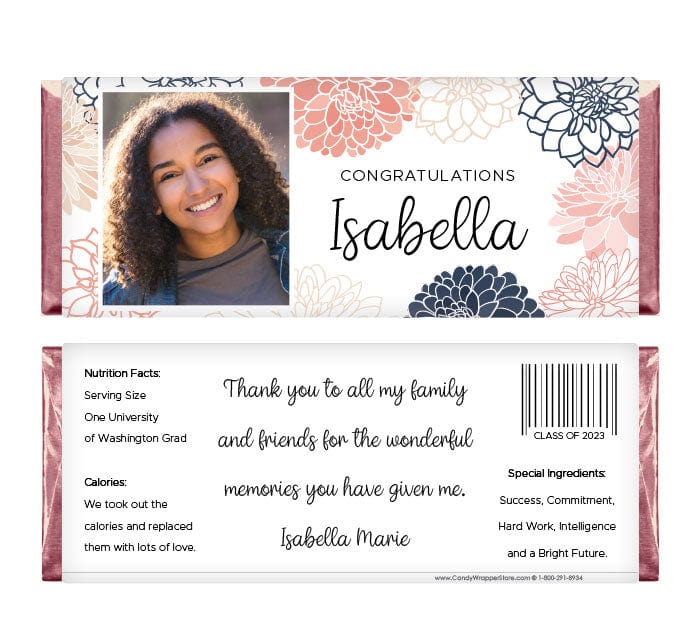 Blush and Navy Dahlias Photo Graduation Candy Bar Wrappers - GRAD214photo Floral Color Block Photo Graduation Candy Bar Wrappers Candy Wrappers GRAD214