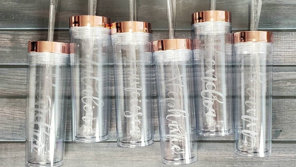 Bridal Party Handwritten Names Engraved on Skinny Clear Acrylic Tumbler - NEW TOP COLORS Candy Wrapper Store