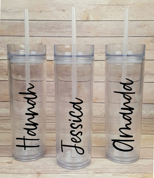 Bridal Party Personalized Handwritten Name Decal on Skinny Clear Acrylic Tumbler with Straw Bridal Party Personalized Handwritten Name Skinny Clear Acrylic Tumbler with Straw Candy Wrapper Store
