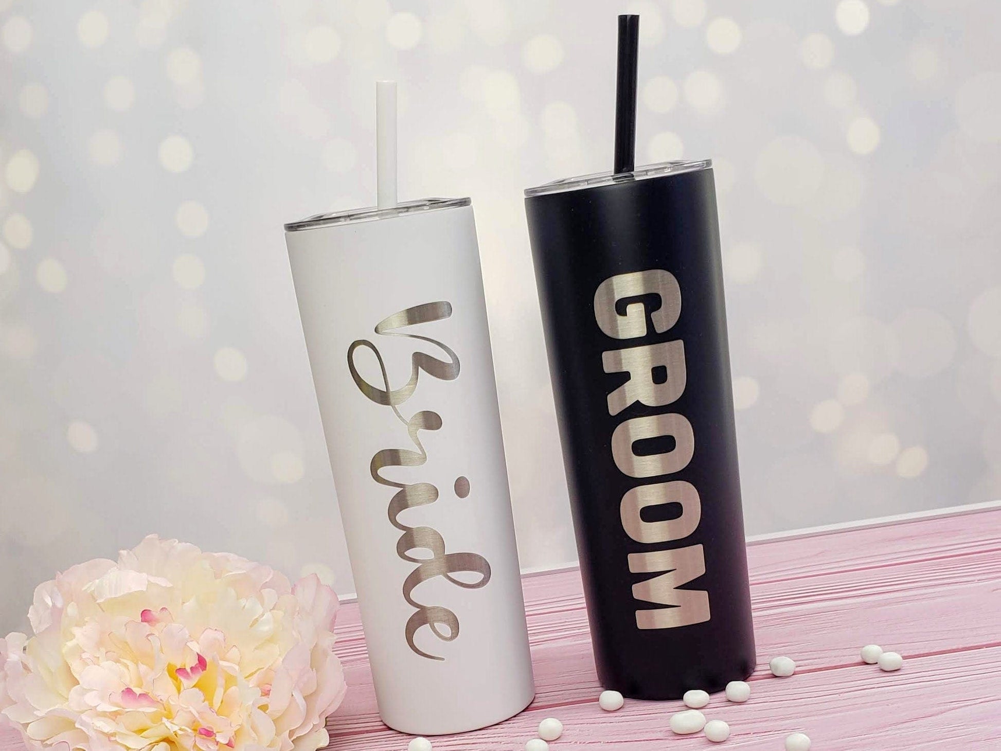 Bride and Groom Laser Engraved Tumbler with Your Choice of Script Font on the side - Double Wall 20oz Hot / Cold Tumbler with Straw Tumbler Candy Wrapper Store