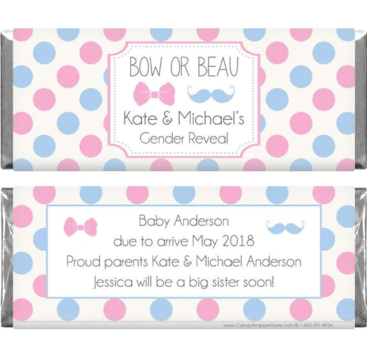 BS267 - Bow or Beau Polka Dots Gender Reveal Candy Bar Wrappers Bow or Beau Polka Dots Gender Reveal Custom Candy Wrappers for Baby Showers Birth Announcement BS267