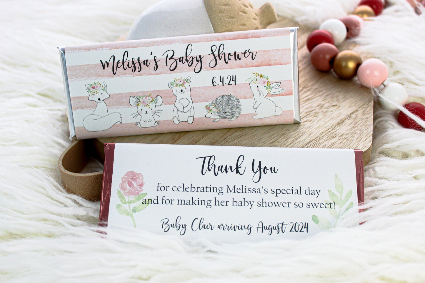 BS349 - Cute Woodland Animals with Flowers Baby Shower Candy Bar Wrappers Cute Woodland Animals with Flowers Baby Shower Candy Bar Wrappers Birth Announcement bs349