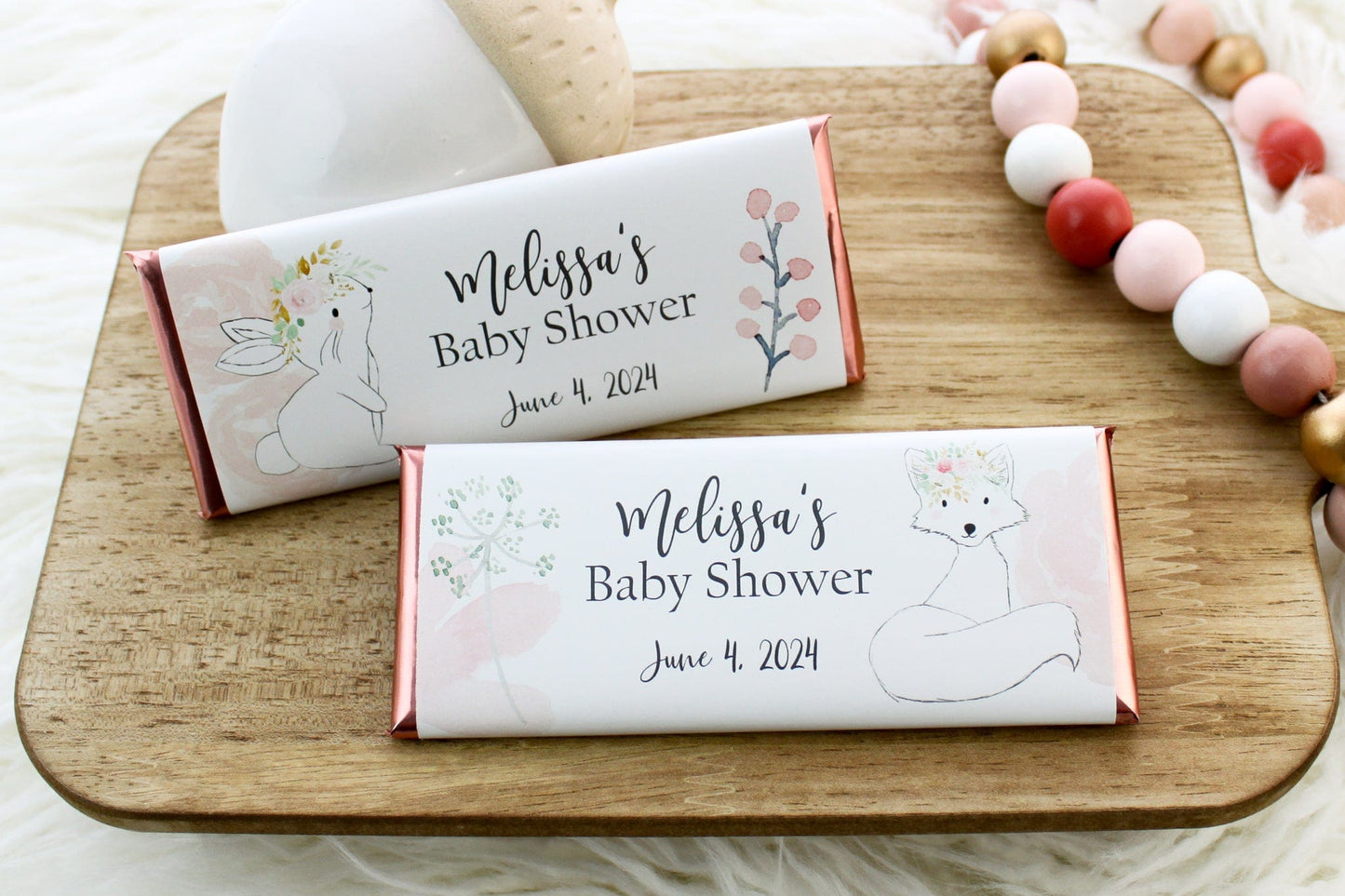 BS353 - Cute Woodland Bunny with Flowers Baby Shower Candy Bar Wrappers Cute Woodland Bunny with Flowers Baby Shower Candy Bar Wrappers Birth Announcement bs353
