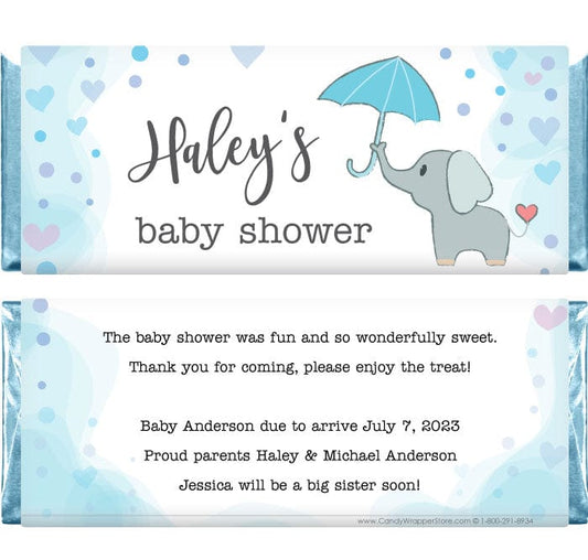 BS361blue - Cute Elephant with Umbrella Baby Shower Candy Bar Wrappers Cute Elephant with Umbrella Baby Shower Candy Bar Wrappers Birth Announcement bs361