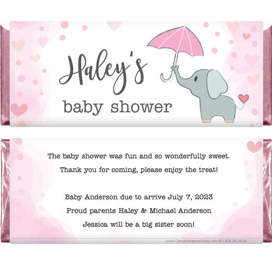 BS361pink - Cute Elephant with Umbrella Baby Shower Candy Bar Wrappers Cute Elephant with Umbrella Baby Shower Candy Bar Wrappers Birth Announcement bs361