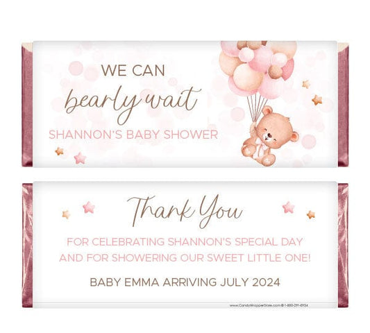 BS362pink - We Can Bearly Wait Baby Shower Candy Bar Wrappers We Can Bearly Wait Baby Shower Candy Bar Wrappers Birth Announcement bs362
